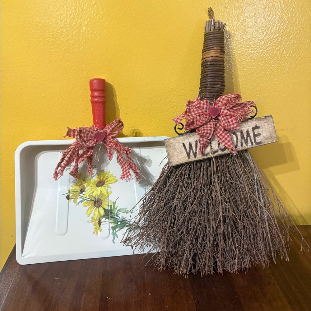 Decorative Broom and Dustpan Set with Red Accents